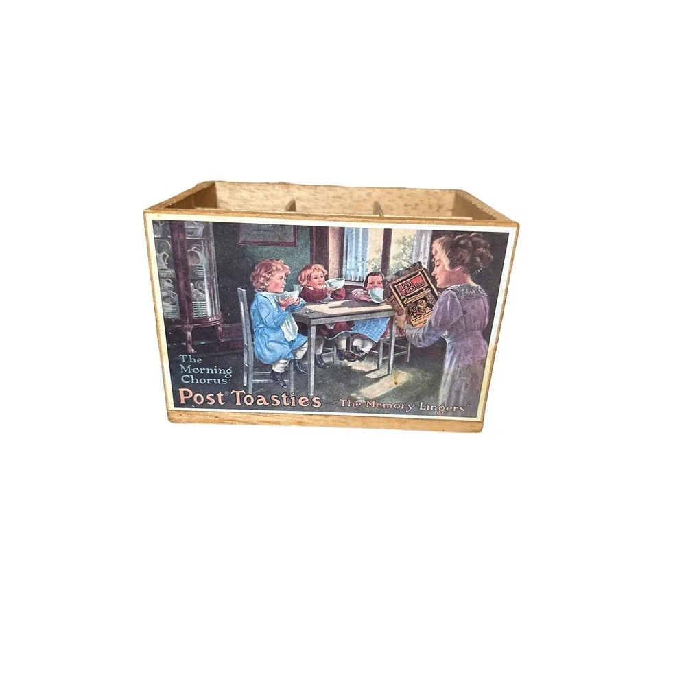 VTG Bristol Craft Post Toasties Corn Flakes Cereal Decor Divided Wood Box 1970's